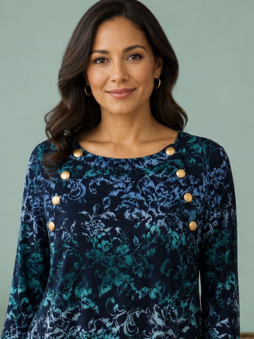 Chico's Tunic Top Blouse Women Size 3 (XL) Floral Print Green Blue Navy Blue